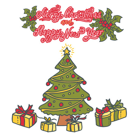 Christmas tree with Christmas balls and presents under itのイラスト素材