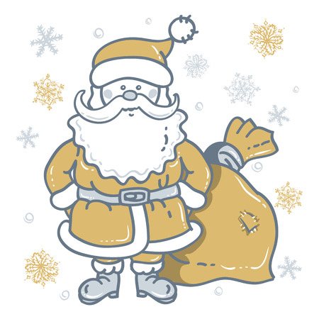 Santa Claus Cartoon Character with bag on the background of snowflakes in gold - silver tones. Design for Christmas and New Yearのイラスト素材