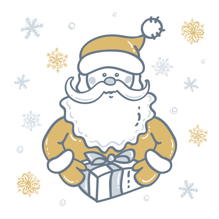 Portrait of Santa Claus with gift the background of snowflakes in gold - silver tones. Elements for Christmas designのイラスト素材