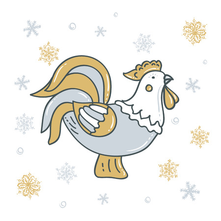 Decorative rooster with snowflakes in gold - silver tones. Symbol of chinese new year. Golden rooster graphic designのイラスト素材