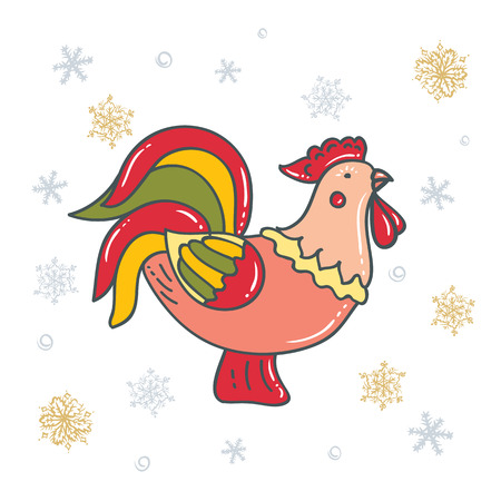 Bright decorative rooster with snowflakes. Symbol of chinese new yearのイラスト素材