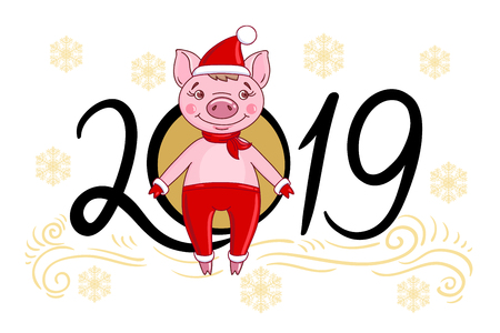Cartoon character pig in a red hat and a scarf, against the background of snowflakes and inscription 2019 of the coming new yearのイラスト素材