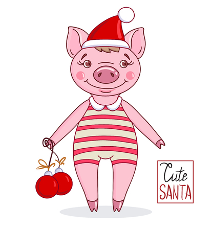 Little cute pig in a cartoon style wearing a Santa Claus hat and striped leotard with Christmas balls. Hand drawn style vector design illustrationsのイラスト素材