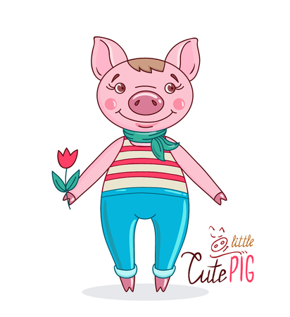 Pig in a cartoon style holding a tulip in his hand. Hand drawn style vector design for greeting cardのイラスト素材