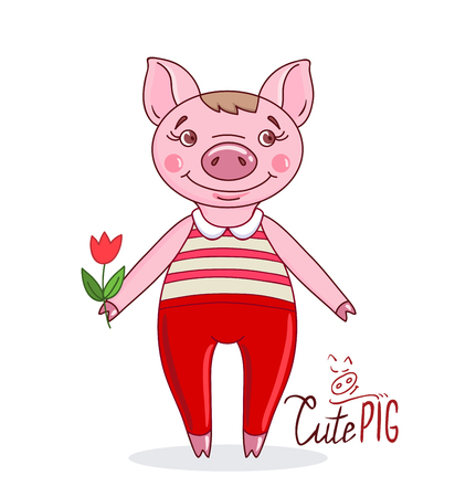 Little cute pig in cartoon style holding a tulip in his hand on a white background. Hand drawn style vector design illustrationのイラスト素材