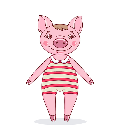 A little piglet in a cartoon style dressed in striped leotard. Hand drawn style vector design illustrationsのイラスト素材