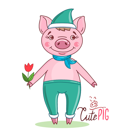 Little cute pig in a cartoon style wearing a green hat and pants that holds a tulip in his hand on a white background. Hand drawn style vector design illustrationのイラスト素材