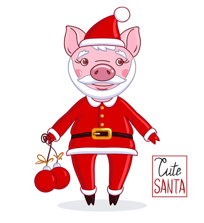 Cartoon character piglet in the role of Santa Claus in a red hat with a beard and mustache, which holds in his hands Christmas balls. Christmas and New Year illustration isolated on a white background with the inscription "Cute Santa"のイラスト素材