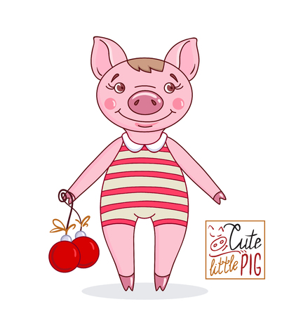 Little cute pig in cartoon style in a striped bathing suit with Christmas balls. Hand drawn style vector design illustrationのイラスト素材