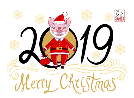 Piglet in the role of Santa Claus in a festive attire, which holds in his hand Christmas balls. On a white background text 2019 and snowflakes with the inscription Merry Christmasのイラスト素材