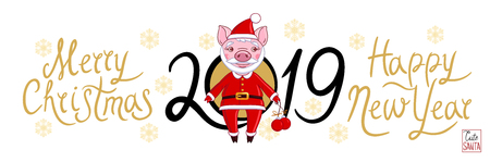 Piglet in the role of Santa Claus in a festive attire, which holds in his hand Christmas balls. On a white background text 2019 and snowflakes with the inscription Merry Christmas and Happy New Year. Congratulatory bannerのイラスト素材