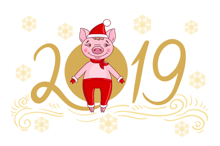 Piglet in a festive cap and fur mittens. Against the background of the text of 2019 and snowflakes. Hand drawn style vector design illustrationのイラスト素材
