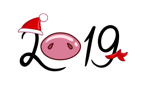 The inscription 2019 with a pig nose in a hat and a scarf. Hand drawn style vector design for illustration.のイラスト素材