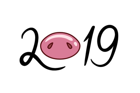 The inscription 2019 with a pig nose. Hand drawn style vector design for illustration.のイラスト素材