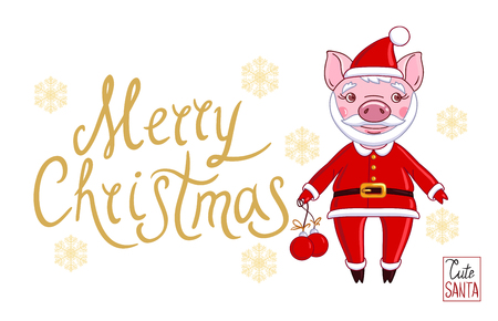 Piglet in the role of Santa Claus in a festive attire, which holds in his hand Christmas balls. On a white background and snowflakes with the inscription Merry Christmasのイラスト素材