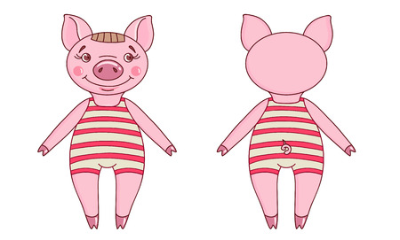 Pig wearing a leotard in a cartoon style. Front and back view. Hand drawn style vector design for illustrationのイラスト素材