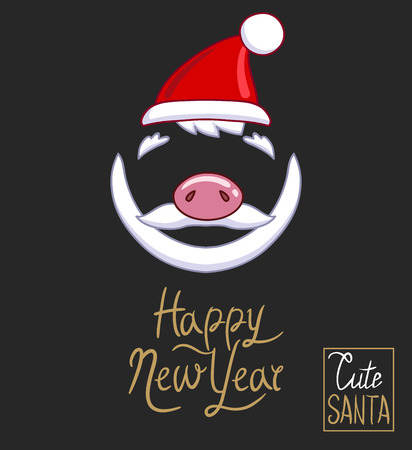 Santa Claus hat, piggy nose, beard and mustache with the inscription Happy New Year. On a dark background. Hand drawn style vector design for illustrationのイラスト素材