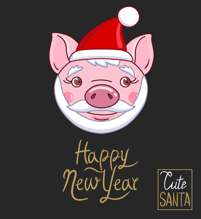 The head of a piglet dressed in a Santa Claus hat, beard and mustache. Hand drawn style vector design for illustrationのイラスト素材