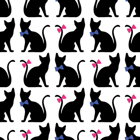 Seamless pattern with black cat silhouette. Vector backgroundのイラスト素材