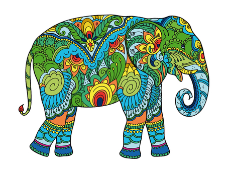 Drawing stylized elephant. Freehand sketch for adult anti stress coloring book for adultpage with doodle  elements. Multicolor bright colorsのイラスト素材