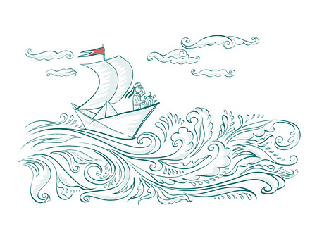 Origami paper boat on the waves of the sea with a sailorのイラスト素材
