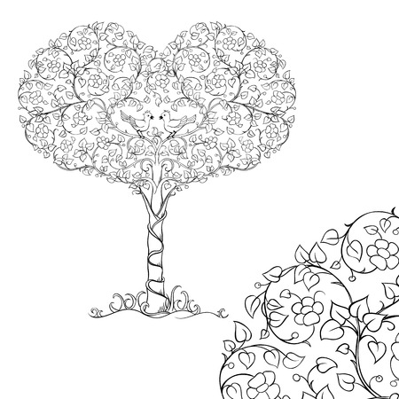 A pair of birds in the crown of the heart tree. Sketch for adult antistress coloring page. Elements for coloring bookのイラスト素材