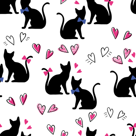 Seamless pattern black cats with hearts on a white background. Wallpapers of silhouettes of cats in a raster version. Design for the day of Valentineのイラスト素材