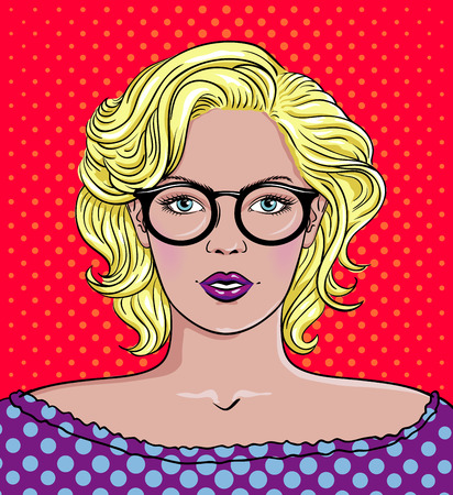 Pop art vector illustration of a woman with Glasses. Beautiful woman portraitのイラスト素材