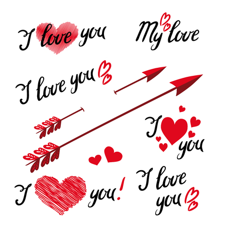 Set Of I Love You Hand Lettering and elements with Decorative Ornaments, Hearts and Arrow. Design objects for Valentines dayのイラスト素材