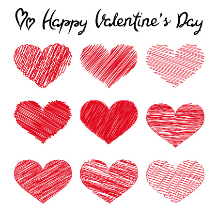 Happy Valentine's Day lettering and doodle hearts on white background, vector illustrationのイラスト素材