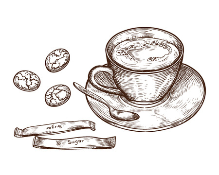 Hand Drawn set, Cup of hot drink, oat cookies and packaging sugar, isolated on white backgroundのイラスト素材