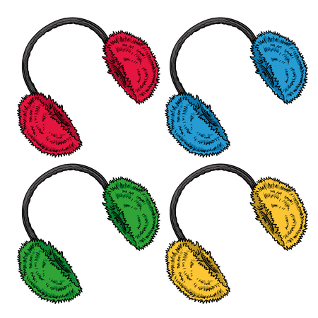 Winter clothes. Earmuffs. Set bright fluffy made of fur ear warmers, accessory. Vector iconのイラスト素材