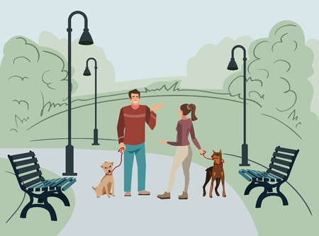 Young people, man and woman, walk in the park with their dogs in the morning. Vector illustration of people with pets in the streetのイラスト素材