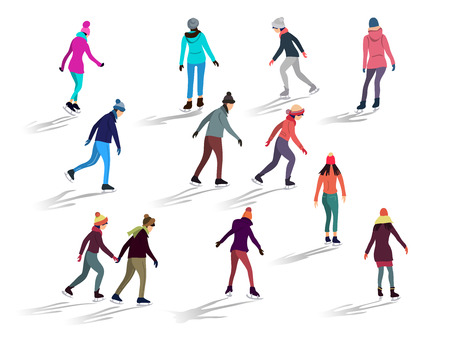 Crowd of people skating on ice rink outdoor activities. Group of male and female flat cartoon characters isolated on white background. Hand drawn style vector design illustrationsのイラスト素材