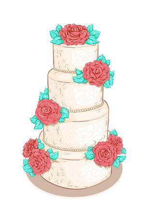 White layered wedding cake with flowers (roses)  isolated on white backgroundのイラスト素材