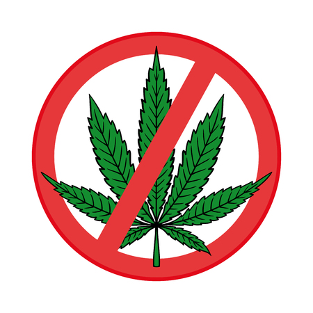 Cannabis (Marijuana) Leaf in Flat Vintage Style. Prohibition sign icon "No cannabis"のイラスト素材