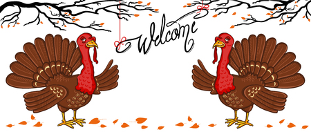 Two turkey, inscription Welcome. Tree branches, autumn leaves, turkey isolated on the white backgroundのイラスト素材