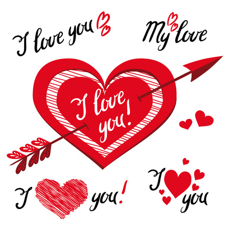 I Love You - romantic vector elements for design with typography. Handwritten modern brush lettering and  Valentines day objectsのイラスト素材