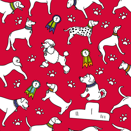 Seamless breeds dog pattern isolated on red background - design for wrapping paperのイラスト素材