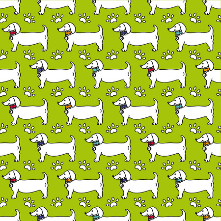 Seamless pattern - dog profile, paw trace isolated on green background in flat style. Breed dachshund.  Design for wrapping paperのイラスト素材