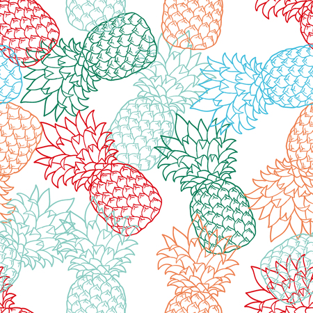 Seamless Pattern with Pineapples color, contour. Pineapple on white backgroundのイラスト素材