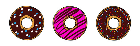 Donuts with brown chocolate and pink glaze. Donuts with powder. Donut set isolated on a white background. Vector picture with donutのイラスト素材