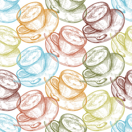 Hand Drawn food seamless pattern, Cup (mug) of hot drink (coffee, tea etc). Coffee cup, tea cupのイラスト素材