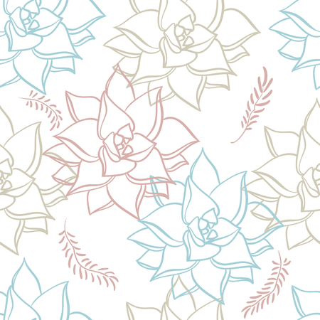 Succulent. Hand drawn seamless pattern plants on white background. Floral textureのイラスト素材