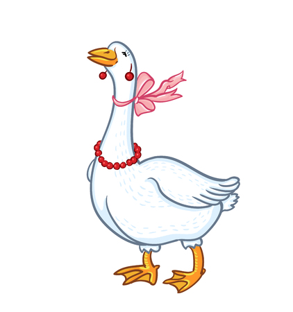 White Goose with pink bowknot isolated on white background, cartoon funny goose, poultryのイラスト素材