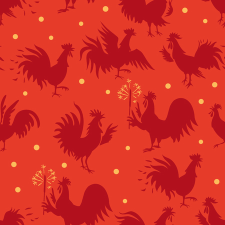 Seamless pattern with roosters in different poses. Silhouettes on red background. Poultry background, chicken patternのイラスト素材