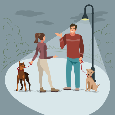 Young people (man and woman) walk in the park with their dogs in the evening when lighted lanterns. Illustration of people with pets in the streetのイラスト素材