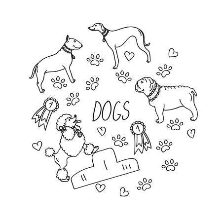 Set of design elements - dog breeds (dachshund, laika, dalmatian, retriever, beagle, german shepherd), awards, heart, paw trace isolated on white background in flat style. Contour imagesのイラスト素材