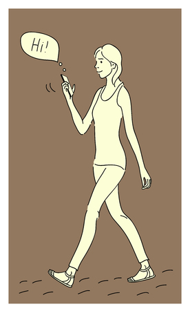 Girl using a smartphone. Flat design cartoon. Talk to each other using a smartphone. Flat cartoon vector illustration. Smartphone in the handのイラスト素材