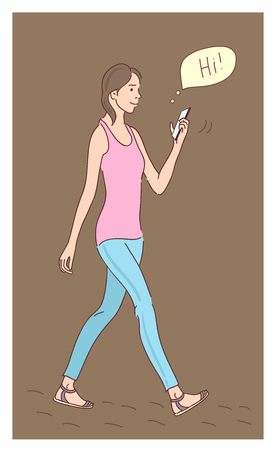 Girl using a smartphone. Flat design cartoon. Talk to each other using a smartphone. Flat cartoon vector illustration. Smartphone in the handのイラスト素材